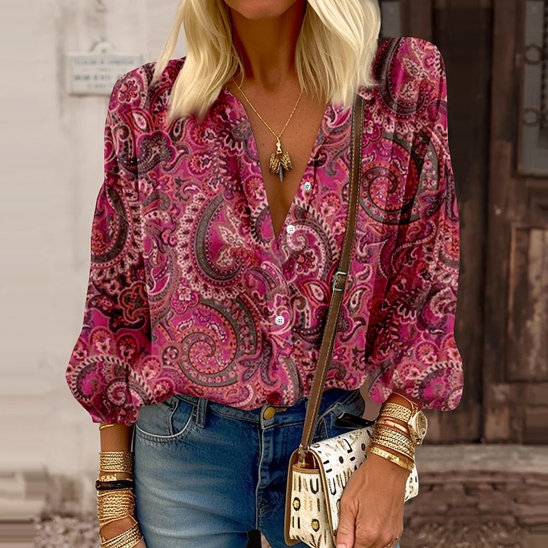 Women's Shirt Long Sleeve Button Down Blouse Fashion Casual Paisley Buttons Print Regular Tops Shirt Collar Casual Daily Going out Pink Red Green Spring &  Fall3