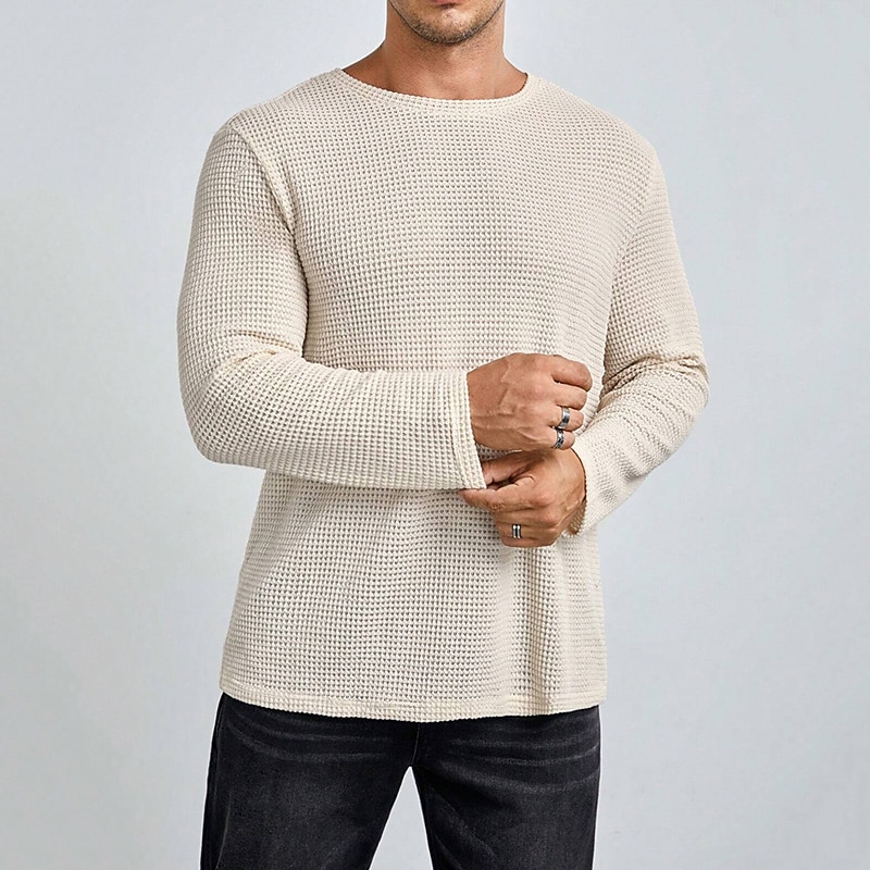 Men's Waffle Tee T Shirt Waffle Knit Tee Tee Top Long Sleeve Crew Neck Spring &  Fall Plain Fashion Designer Basic Knit Vacation Street Going out White Khaki Top Tee for Men4