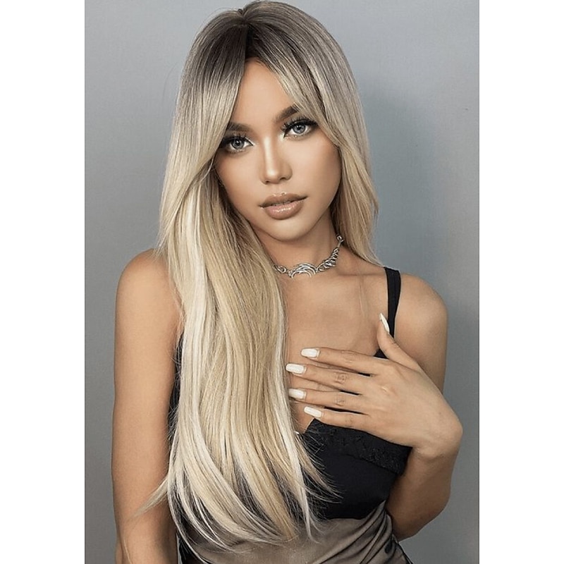 Platinum Blonde Wig with Bangs, Straight Long Hair Wig, Blond Wig with Front Cut Bangs, Synthetic Wigs for Women, 613 Wig with Fringe, -156 Christmas Party Wigs barbiecore Wigs