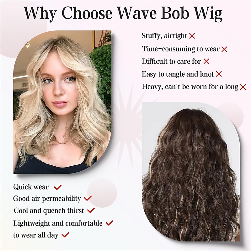 Platinum Blonde Wavy Bob Wig with Curtain Bangs for Women Ombre Blonde Curly Bob Wig for White Women Synthetic Ombre Light Brown Wavy Wig with Dark Roots Short Blond Curly Bob Wavy Wig 14inch2