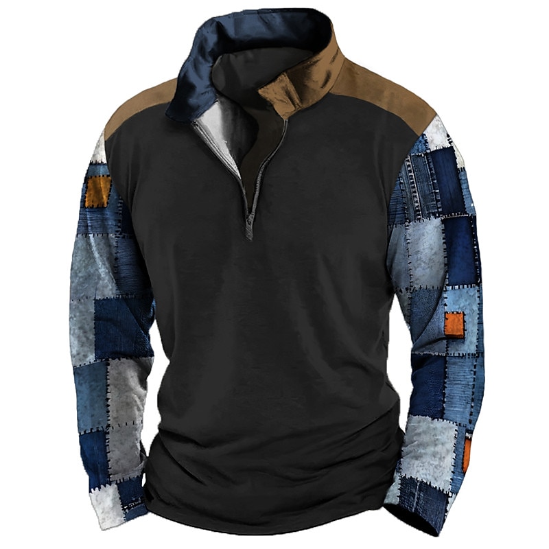 Men's Graphic Color Block Patchwork Sweatshirts Sweatshirt Zip Sweatshirt Long Sleeve Sweatshirt Quarter Zip Sports Casual Vintage Retro 3D Print Vacation Sports Outdoor Holiday Print Spring &  Fall2