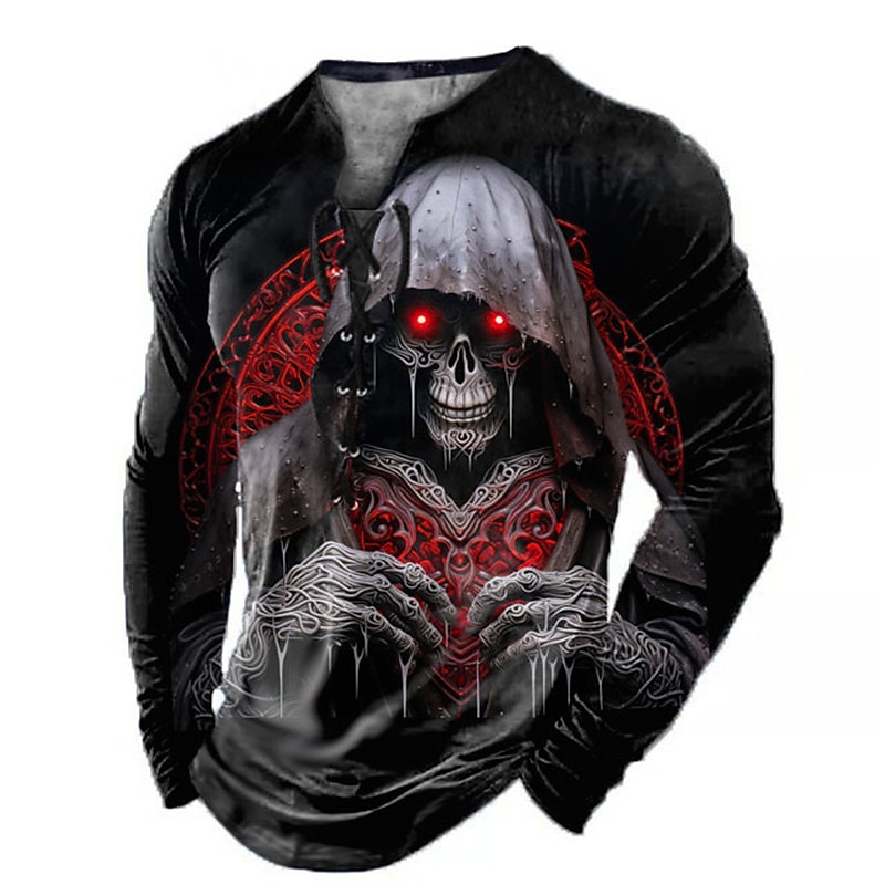 Men's Graphic Skull T Shirt Long Sleeve T shirt 3D Print Collar Shirt Fashion Daily Outdoor Casual Holiday Going out Blue Red Purple Spring &  Fall Clothing Apparel S M L XL 2XL 3XL