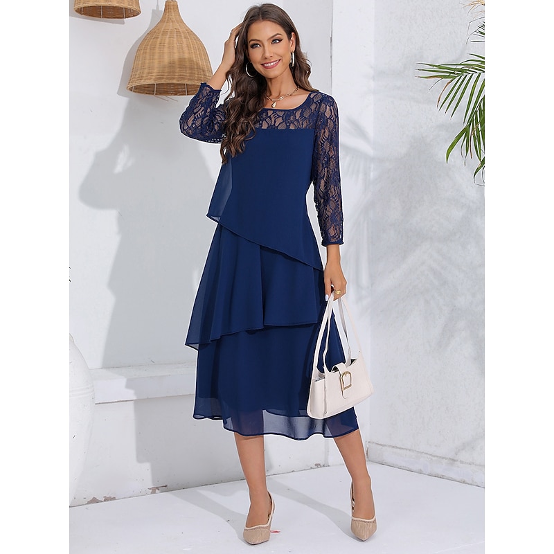 Women's Wedding Guest Cocktail Dress Lace Ruffle Elegant Vacation Spring Winter Midi Dress Crew Neck Long Sleeve Navy Blue