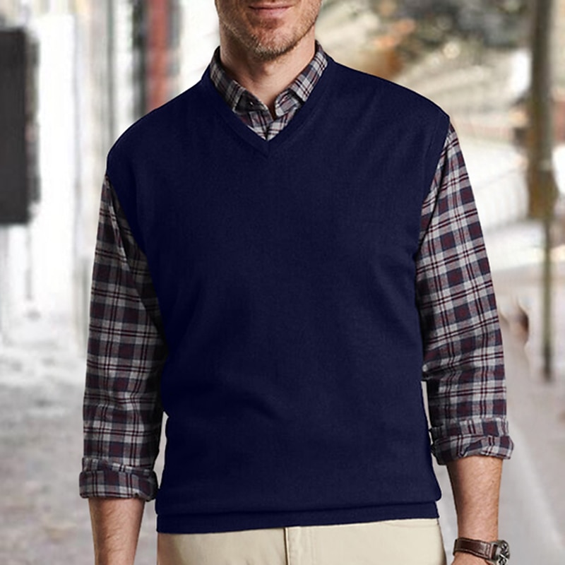 Men's Sweater Vest Dress Sweater Pullover Ribbed Knit Regular Tops Knitted Plain V Neck Modern Contemporary Work Daily Wear Clothing Apparel Sleeveless Winter Camel Wine S M L