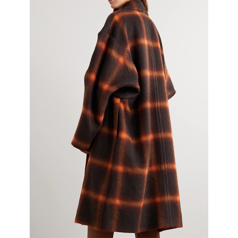 Women's Long Coat Overcoat Plaid Winter Coat Single Breasted Laple Trench Coat Warm Heated Jacket with Pockets Orange2