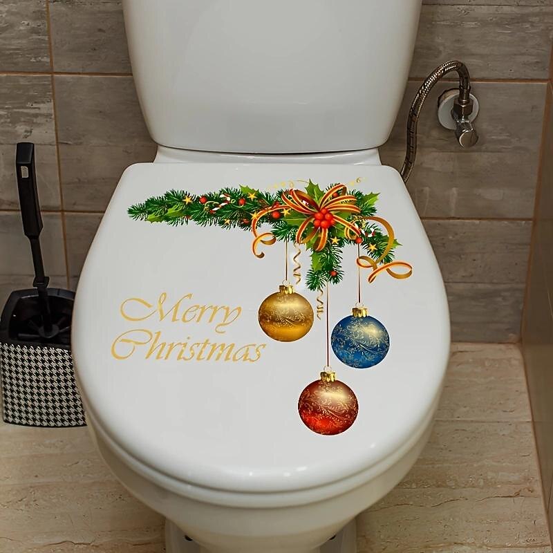 Christmas Wreath Christmas Ball Pattern Sticker, Toilet Lid Decorative Sticker, Toilet Lid Decal, Toilet Cover Sticker, Restroom Renovation Removable Stickers2