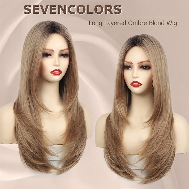 Long Blonde Wigs for White Women Layered Straight Strawberry Blonde Wigs with Dark Roots 25 Inches Synthetic Hair Daily Cosplay Halloween Wig2