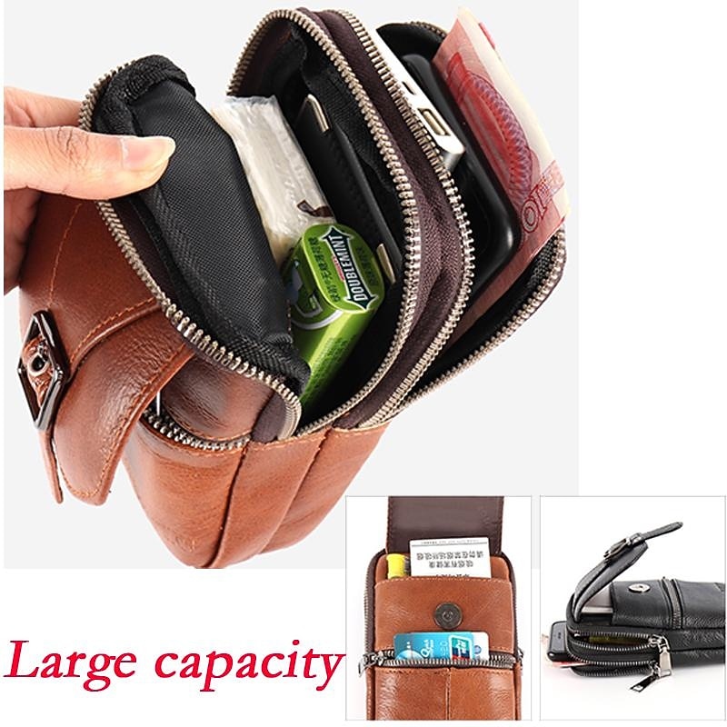 Men's Multi Functional Genuine Leather Shoulder Bag Cell Phone Crossbody Purse Phone Holster Case Leather Belt Waist Pouch Small Messenger Bag4
