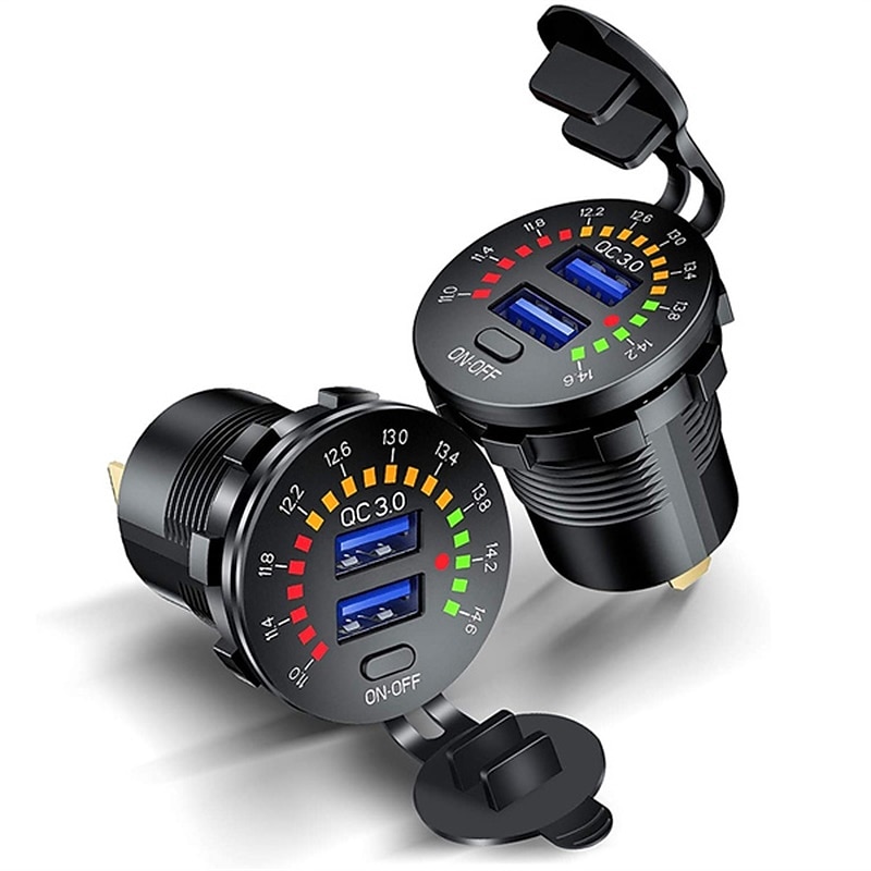 36W Dual USB QC3.0 Car Charger 12V USB Outlet Quick Charging Power Socket with Colorful Digital Voltmeter & ON/Off Switch & 10A Built-in Fuse for Vehicles Motorcycles Marine Boat ATV Bus Truck - Main Image