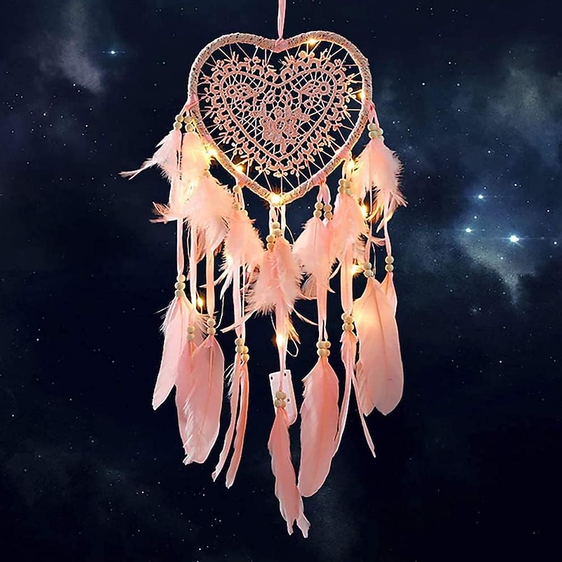 Heart Shaped Dream Catchers With LED Lights Hand Woven Feather Lights Wall Romantic Decor for Valentine's Day Christmas Gifts for boys girls Kids Bedroom Decoration