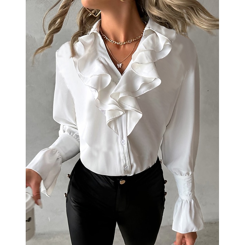 Women's Blouse Elegant Ruffle Petal Sleeve Long Sleeve V Neck Black White Yellow Fuchsia Green Fall2