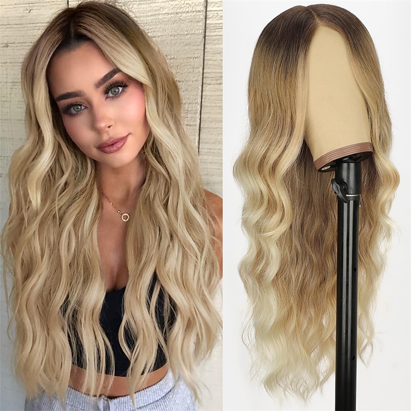Blonde Wig for Women Long Wavy Lace Hairline Blond Wig Synthetic Middle Part Ombre Blonde Wigs for Daily Party
