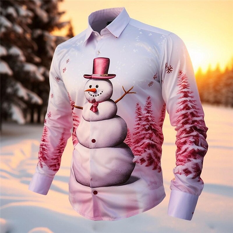 Christmas Men's Christmas Scene Printed Shirts Snowman Casual Long Sleeve Daily Wear Going out Fall & Winter Turndown Print Button-Down Black Pink Dark Navy Royal Blue 4-Way Stretch Fabric