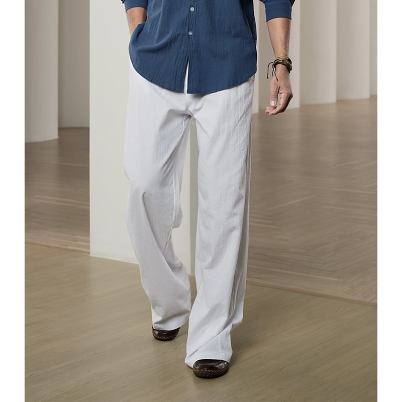 10% Linen Men's Linen Pants Trousers Summer Pants Beach Pants Drawstring Elastic Waist Pleats Plain Comfort Breathable Casual Daily Holiday Fashion Classic Style Black White