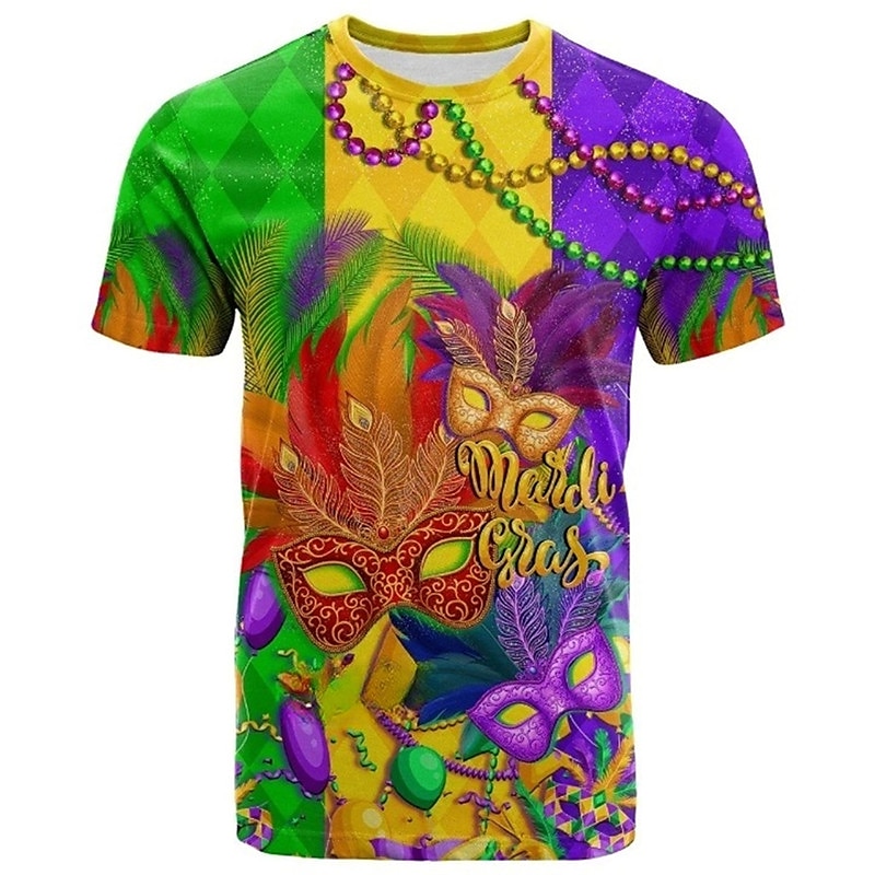 Men's Graphic Mask Mardi Gras T Shirt Short Sleeve T shirt 3D Print Crew Neck Shirt Daily Designer Retro Vintage Carnival Sports Outdoor Holiday Purple Spring & Summer Clothing Apparel S M L XL 2XL