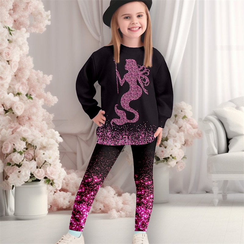 Girls' 3D Mermaid Sweatshirt & Legging Set Long Sleeve 3D Print Fall Winter Active Fashion Daily Kids 3-12 Years Crew Neck Outdoor Vacation Date Regular Fit - Main Image