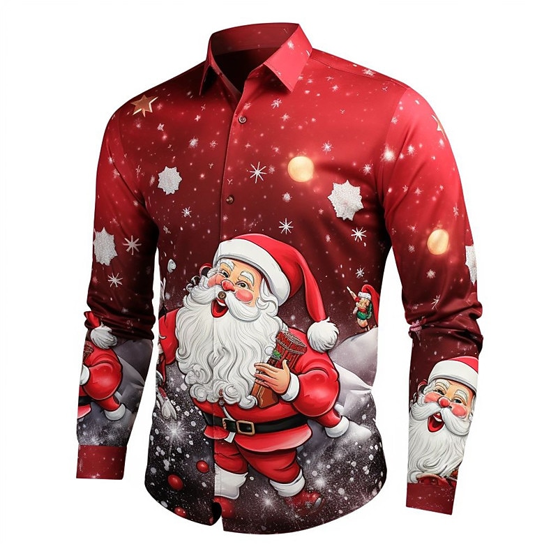 Christmas Men's Santa Claus Printed Shirts Santa Claus Casual Daily Wear Going out Fall & Winter Turndown Long Sleeve Dark Red, White, Red S, M, L 4-Way Stretch Fabric Shirt