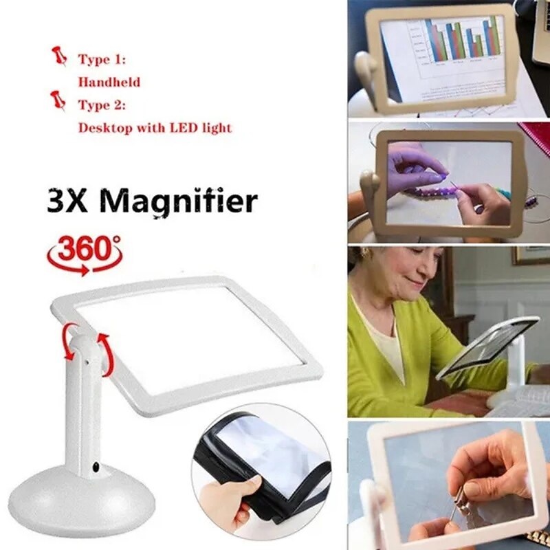 Desktop Magnifying Glass with LED Light Large Screen 360-degree Rotation 3 Times Magnification Reading Newspapers for The Elderly2
