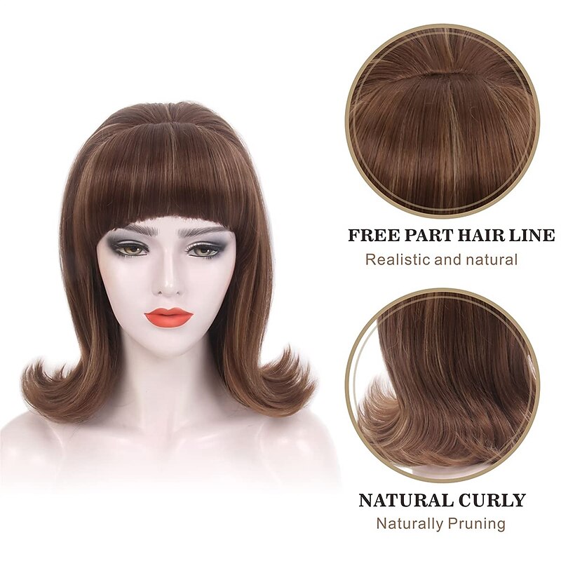 Brown 60s Retro Beehive Wigs for Women 70s Classic Style Cosplay Wig With Bang for Party Carnival Use Costume Cosplay Brown Highlight Halloween Wigs3