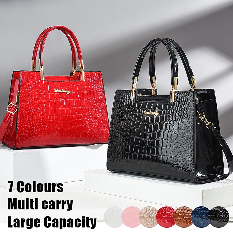Women's Black Crocodile Pattern Leather Handbag | Elegant Tote Bag with Top Handles and Crossbody Strap | Perfect for Office, Business, and Formal Occasions