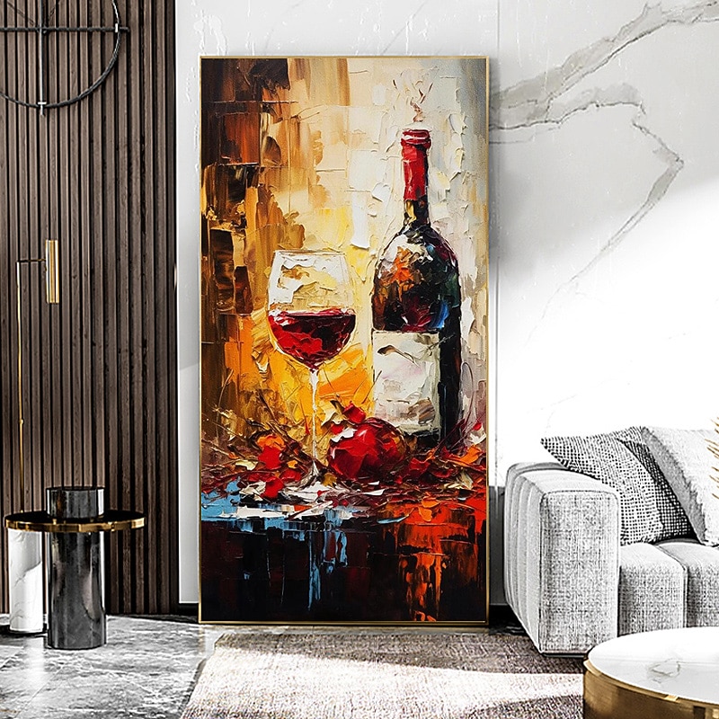 Bottle of Wine Painting Handpainted Glass of Wine Original Art Red Wine Home Room Wall Decor Kitchen Art  Modern Rolled Canvas No Frame4