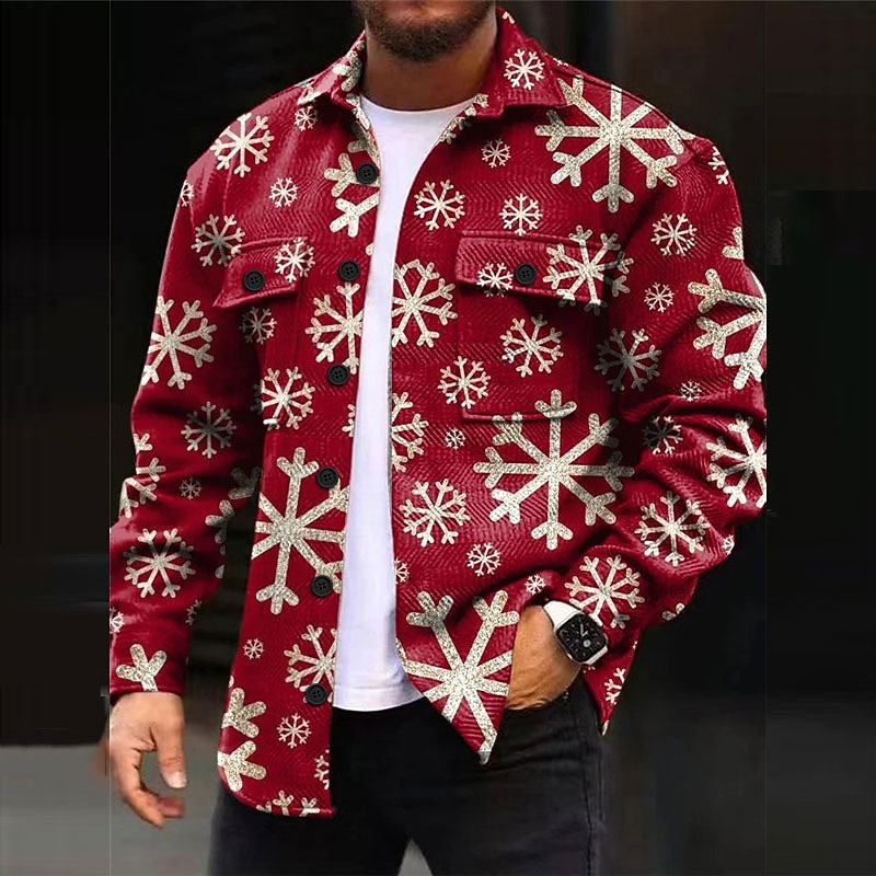 Christmas Men's Christmas Scene Printed Shirts Shirts Snowflake Casual ShirJacket Shacket Outdoor Street Fall & Winter Turndown Long Sleeve Burgundy S M L