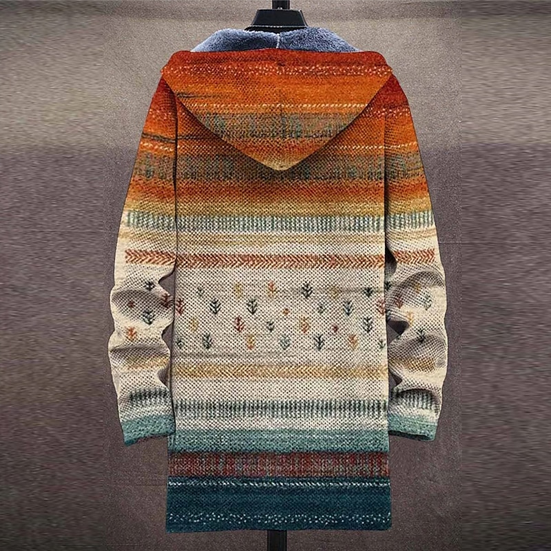 Men's Stripe Winter Coat Fleece Jacket Coat Thermal Warm Vintage Artistic Daily Wear Going out Pocket Print Fall & Winter Hooded Long Sleeve khaki2