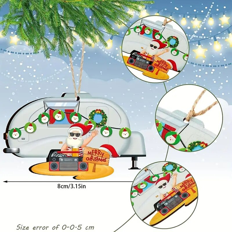 24pcs Happy Camper Christmas Ornaments Caravan Wooden Christmas Tree Decoration Vintage Santa Claus RV Trailer Hanging Ornaments For Holiday Home Party Crafts Scene Decor Room Decor Home Decor Window Decor Pendant Holiday Party Decor (With Rope)2