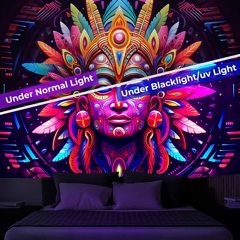 Blacklight Tapestry UV Reactive Glow in the Dark Glow Party Neon Trippy Misty Pharaoh Egypt Hanging Tapestry Wall Art Mural for Living Room Bedroom3