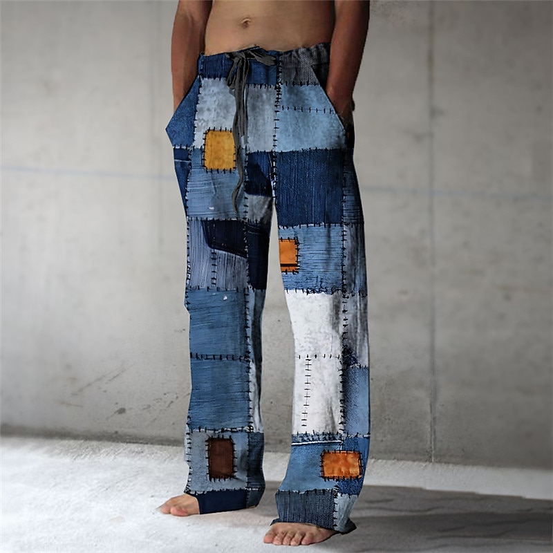 Plaid Color Block Abstract Men's 3D Print Pants Trousers Outdoor Street Going out Polyester Navy Blue Navy Blue Blue S M L Mid Waist Elasticity Pants3