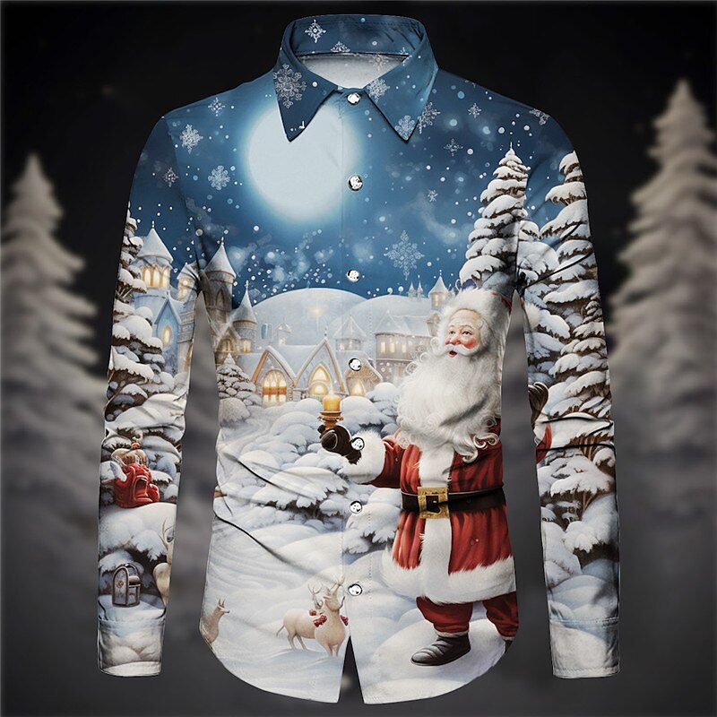 Christmas Men's Santa Claus Printed Shirts Santa Claus Casual Daily Wear Going out Fall & Winter Turndown Long Sleeve Navy Blue, Blue, Sky Blue S, M, L 4-Way Stretch Fabric Christmas2