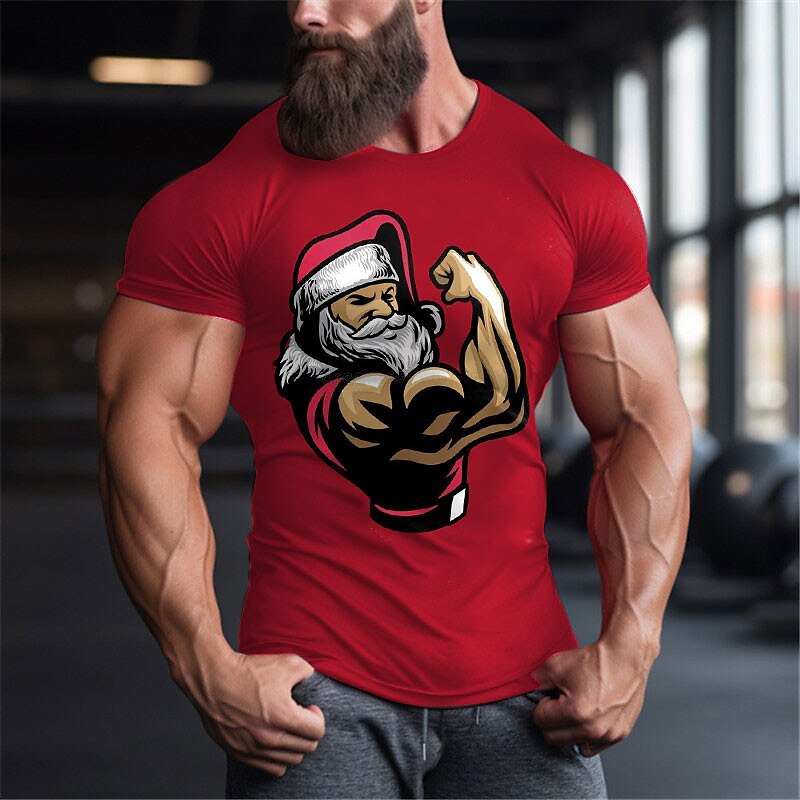 Christmas Men's Muscle Santa Claus Old Man T Shirt Cotton Short Sleeve Graphic Shirt Black White Red Comfortable Tee Sports Outdoor Holiday Fashion Designer Clothing
