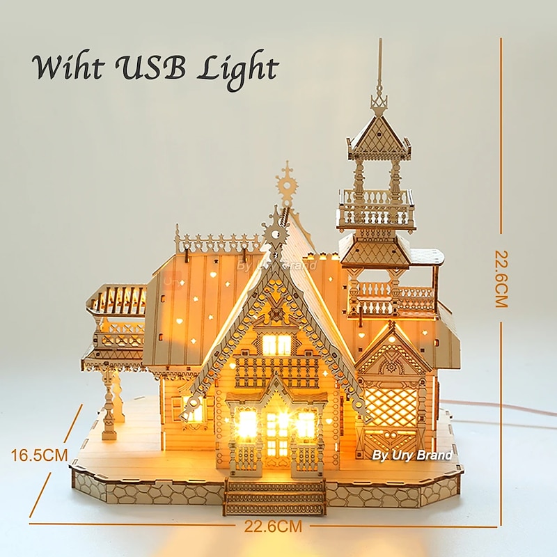 3D Wooden Puzzle Villa House Royal Castle with Light Assembly Toy Kid Adult DIY Model Kits Desk Decoration for Gift3