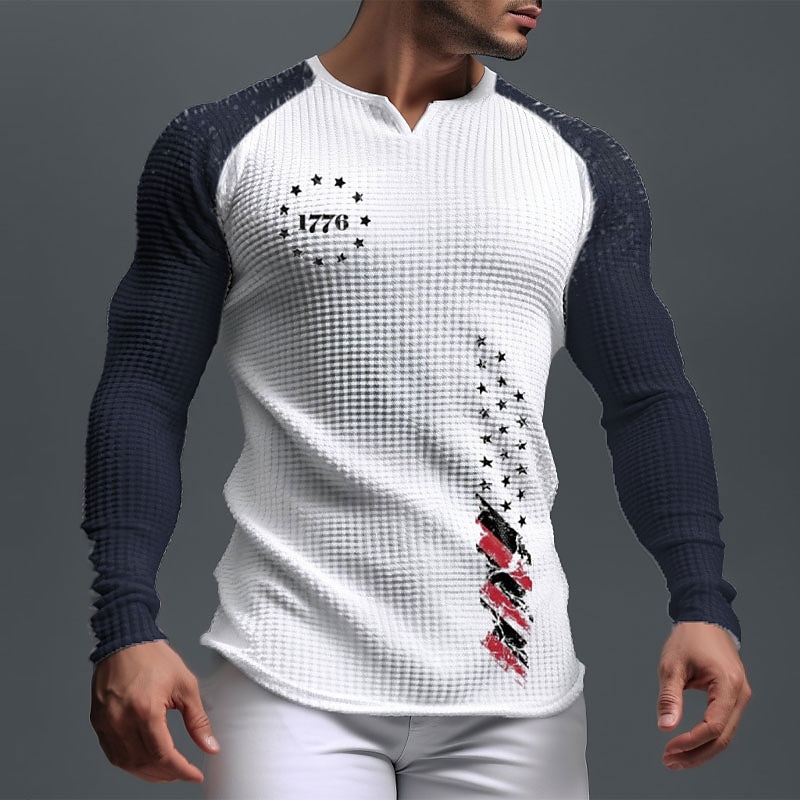 Veterans Day Men's Patriot Patriotic Veteran Graphic 1776 National Flag Waffle Shirt T shirt Raglan T Shirt Long Sleeve T shirt 3D Print V Neck Shirt Sports Daily Casual Sports Outdoor Holiday Going3