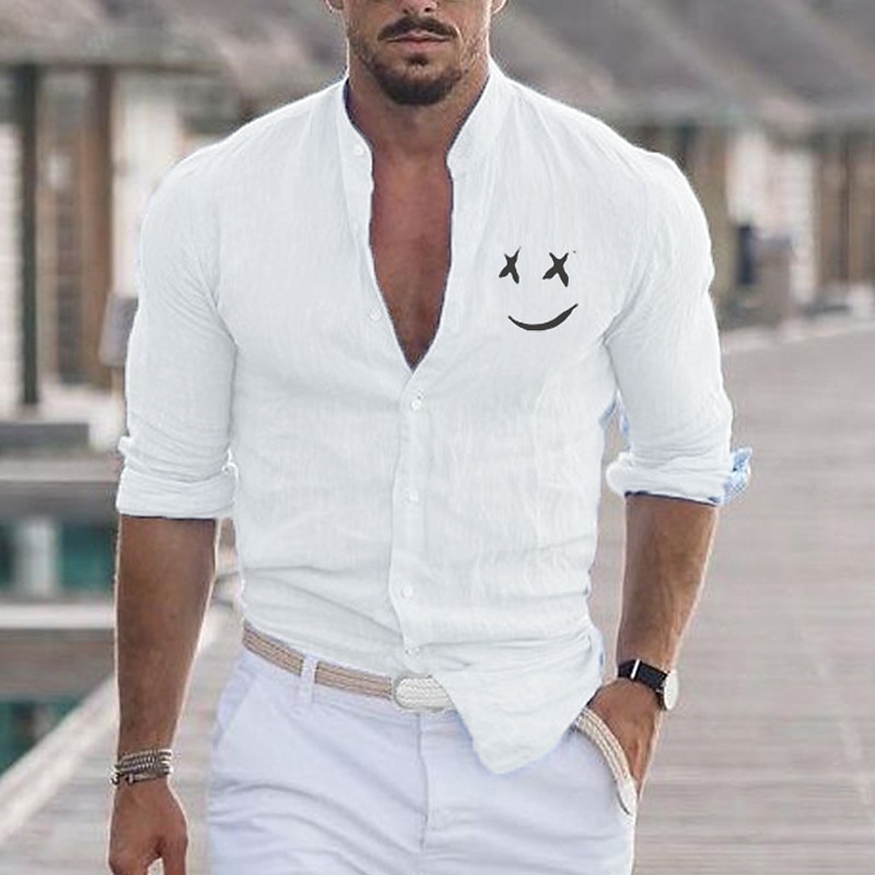 Men's Shirt Beach Shirt Emoji Face Outdoor Vacation Black White Pink Red Long Sleeve Stand Collar Spring &  Fall Clothing Apparel Print4