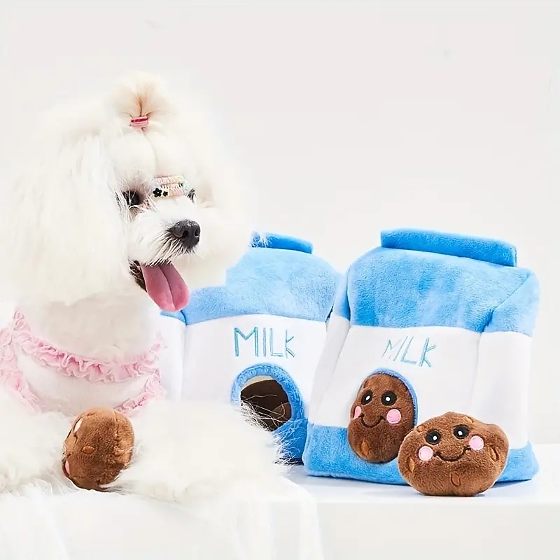 Milk Box Shaped Dog Plush Toy Squeaky Dog Hide And Seek Puzzle Toy With Sound Interactive Dog Food Leaking Dispenser Toy Dog Snuffing Toy