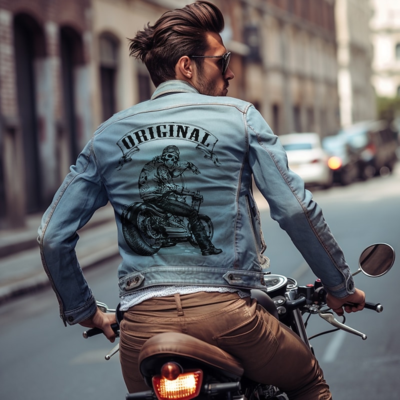 Men's Motorcycle Skulls Coat Jean Jacket Denim Jacket Comfortable Breathable Casual Sports & Outdoor Going out Weekend Buttons Print Fall & Winter Turndown Long Sleeve Black Blue