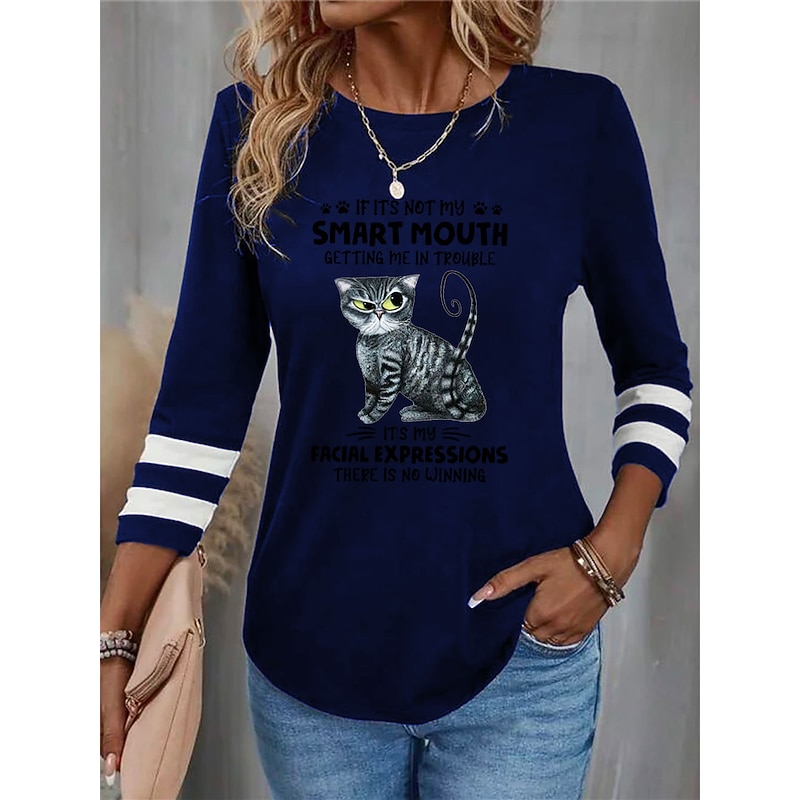 Women's T shirt Crew Neck Long Sleeve Tunic Cat Letter Funny Round Neck Regular Tops Daily Weekend Print Black Red Blue Purple Green Spring & Fall4