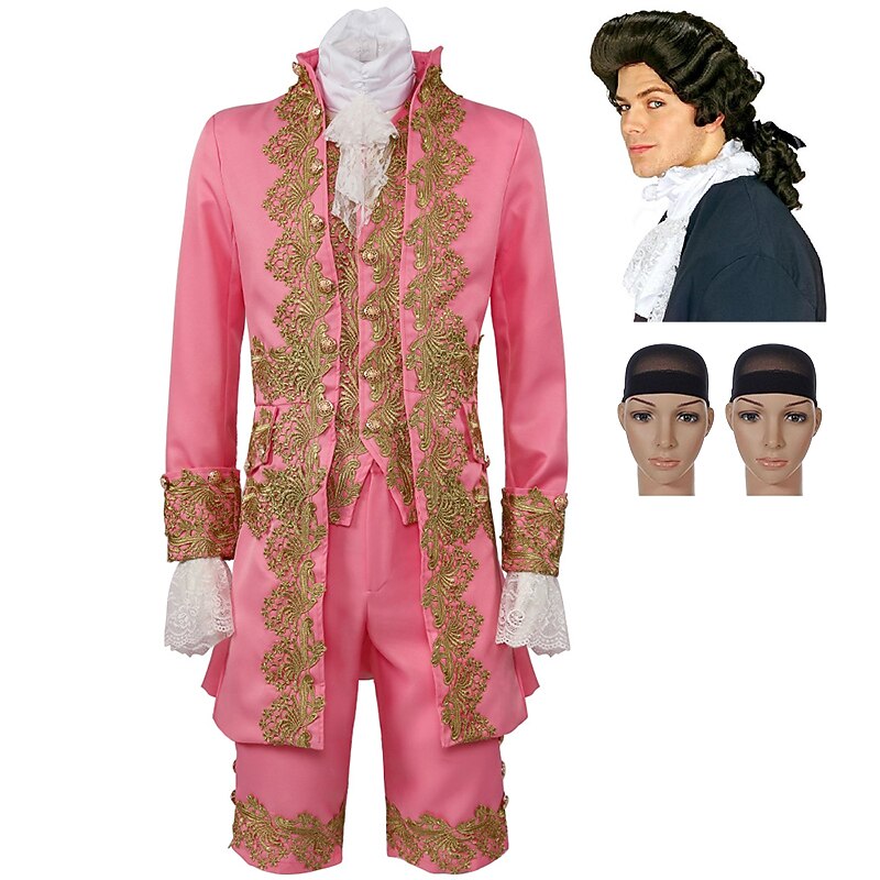 Set with Trench Coat Pants Vest Collar Sleeves Colonial Wig 2*Wig Caps Rococo Baroque Victorian Outfits Men's Cosplay Costume Halloween Performance Prom Party Masquerade3
