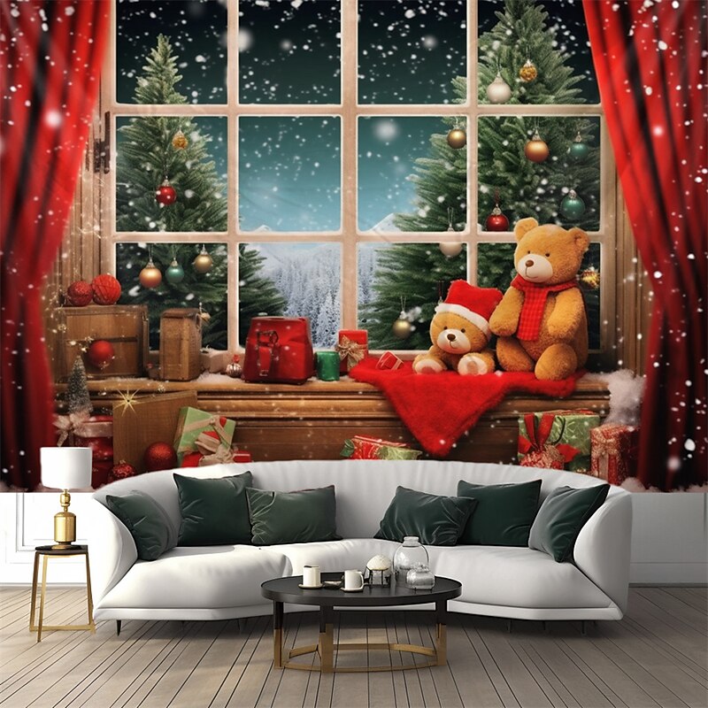 Christmas Decorations Christmas Tree Hanging Tapestry Wall Art Xmas Large Tapestry Mural Decor Photograph Backdrop Blanket Curtain Home Bedroom Living Room Bear Window View4