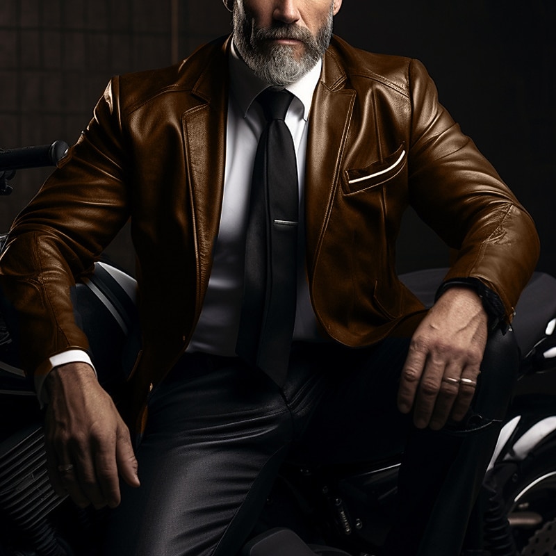 Men's Leather Jacket Blazer Outdoor Daily Wear Thermal Warm Windproof Fall & Winter Plain Fashion Streetwear Lapel Regular Faux Leather Black Yellow Wine Dark Blue Jacket4