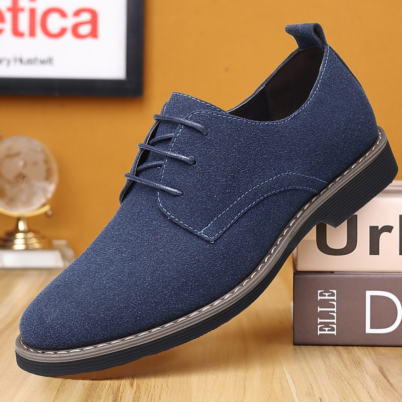 Men's Casual Blue Faux Suede Oxford Shoes - Comfortable Lace-Up Design with Stylish Stitching for Everyday Wear