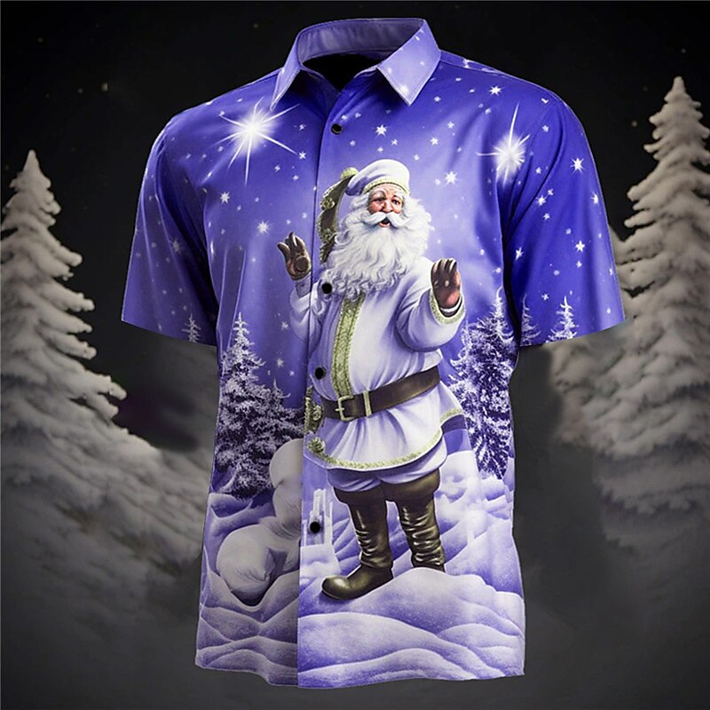 Christmas Men's Santa Claus Printed Shirts Santa Claus Casual Daily Wear Going out Weekend Autumn / Fall Turndown Short Sleeves Burgundy, Blue, Purple S, M, L 4-Way Stretch Fabric Christmas4