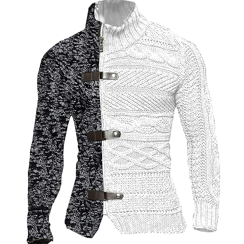 Men's Cardigan Sweater Chunky Cardigan Cropped Sweater Cable Knit Regular Zipper Button Color Block Stand Collar Vintage Warm Ups Casual Daily Wear Clothing Apparel Raglan Sleeves Fall Winter Black4