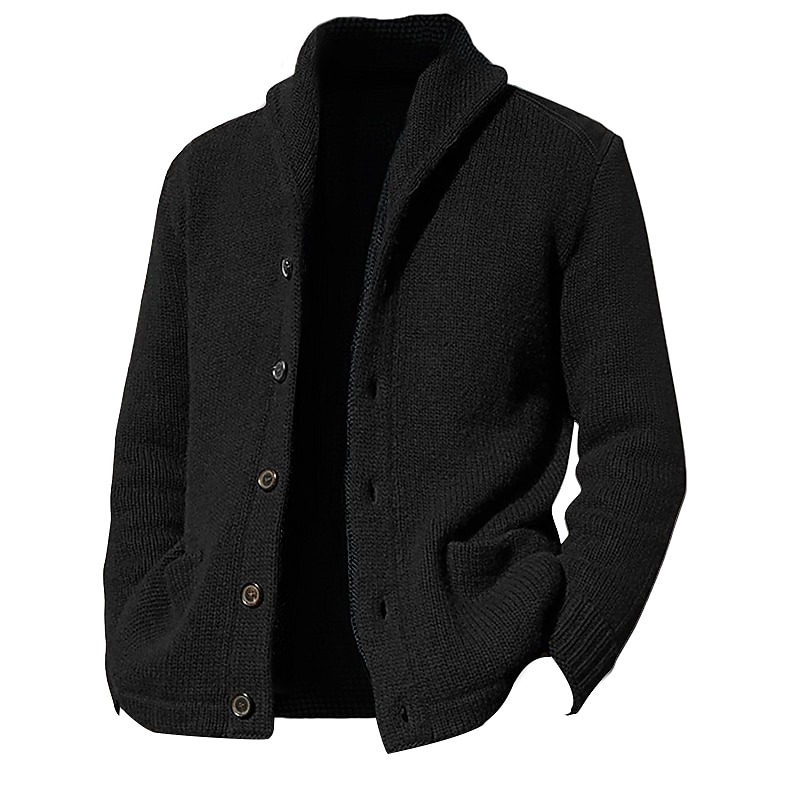 Men's Cardigan Sweater Cropped Sweater Knit Sweater Ribbed Knit Regular Button Up Plain Shawl Collar Warm Ups Modern Contemporary Casual Daily Wear Clothing Apparel Fall Winter Black Blue M L XL4