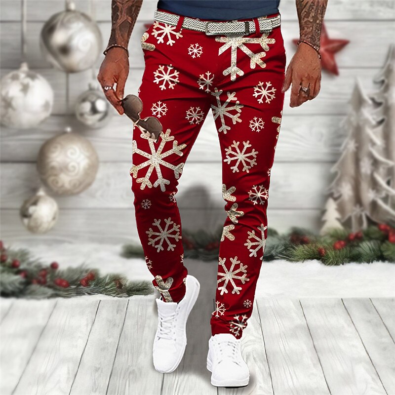 Christmas Men's Christmas Scene Printed Pants Snowflake Business Casual 3D Print  Dress Trousers Outdoor Daily Wear Streetwear Polyester Wine Black Blue S M L Medium Waist Elasticity Pants