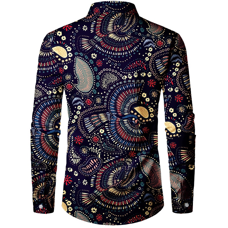 Men's Shirt Button Up Shirt Long Sleeve Casual Boho Daily Wear Going out Fall & Winter Turndown Print Button-Down Black Dark Navy Beige2