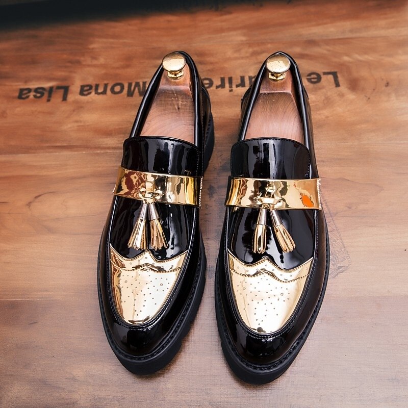 Men's Black and Gold Patent Leather Loafers with Tassel Details and Rugged Sole for Formal and Casual Occasions3