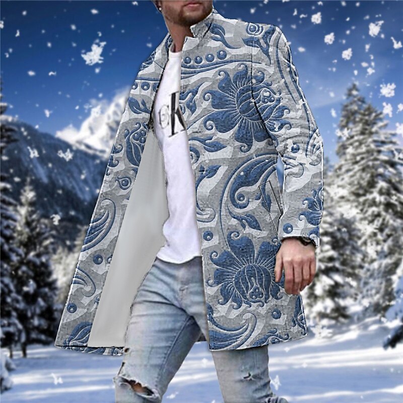 Men's Winter Coat Overcoat Coat Going out Weekend Print Fall & Winter Turndown Long Sleeve Blue Green khaki2