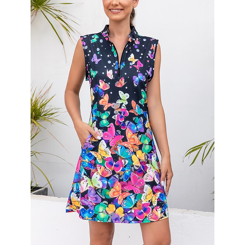 Women's Golf Dress Navy Blue Sleeveless Sun Protection Tennis Outfit Butterfly Ladies Golf Attire Clothes Outfits Wear Apparel3